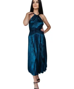 Rochie plisata midi verde turcoaz