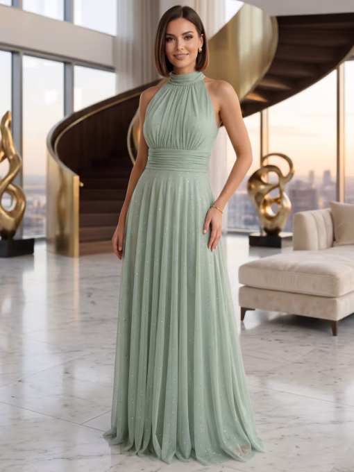 Rochie eleganta verde lunga cu tulle si sclipici