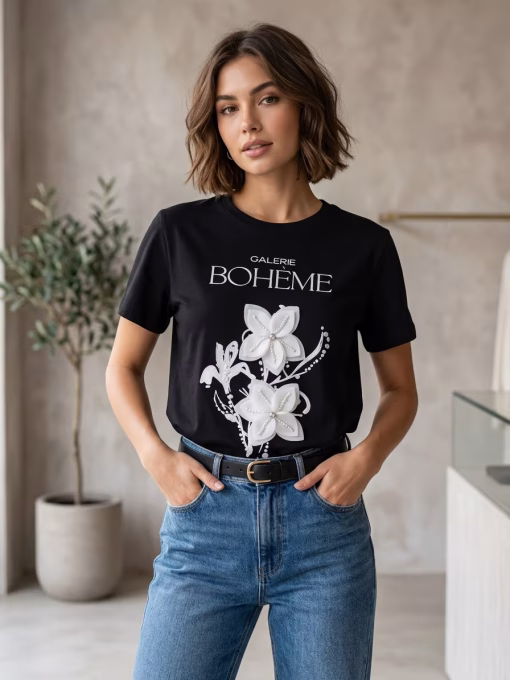 Tricou bumbac dama negru flori 3D perle Boheme
