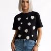 Tricou dama bumbac negru cu flori 3D albe casual