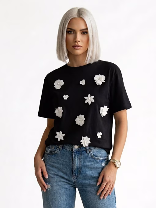 Tricou dama bumbac negru cu flori 3D albe casual