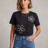 Tricou dama negru cu aplicatii florale 3D si strasuri