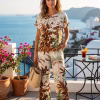 Compleu dama vara lejer viscoza alb imprimeu tropical maro