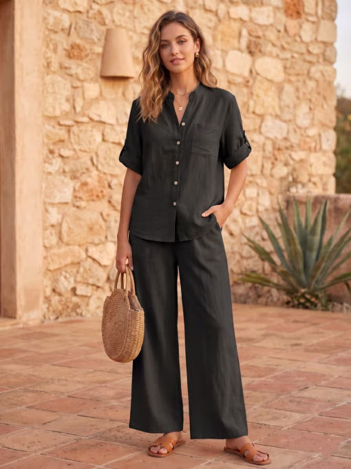 Compleu dama vara negru pantaloni largi camasa lejera