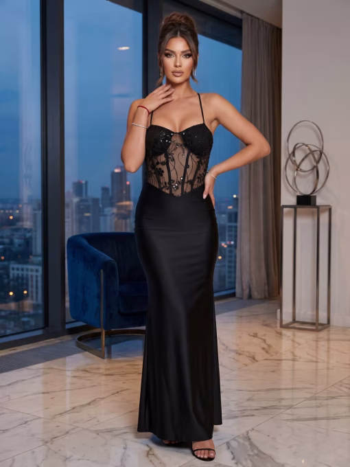 Rochie de seara lunga neagra corset si spate gol